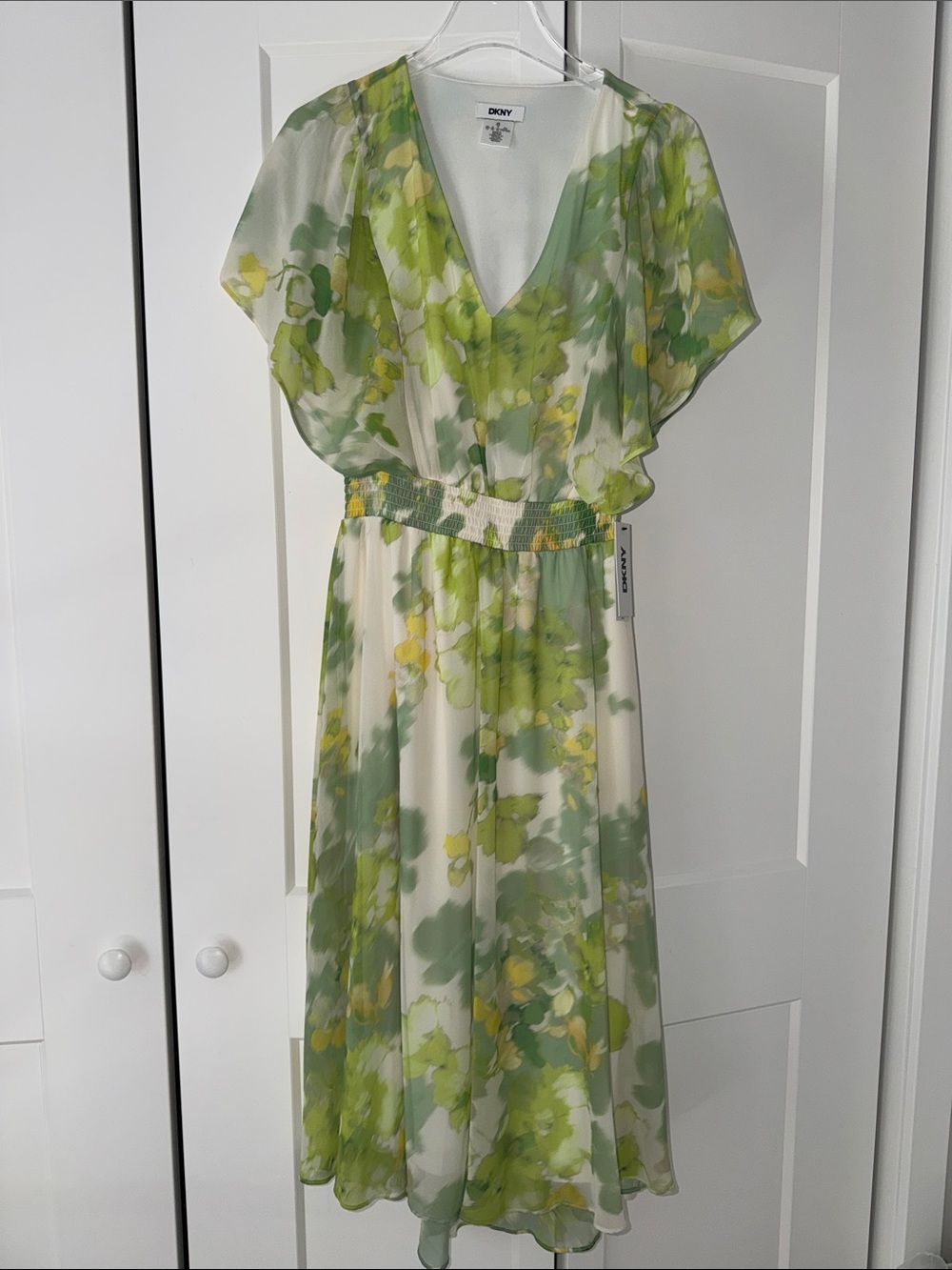 DKNY Green and Yellow Floral V-Neck Smocked-Waist Midi Dress